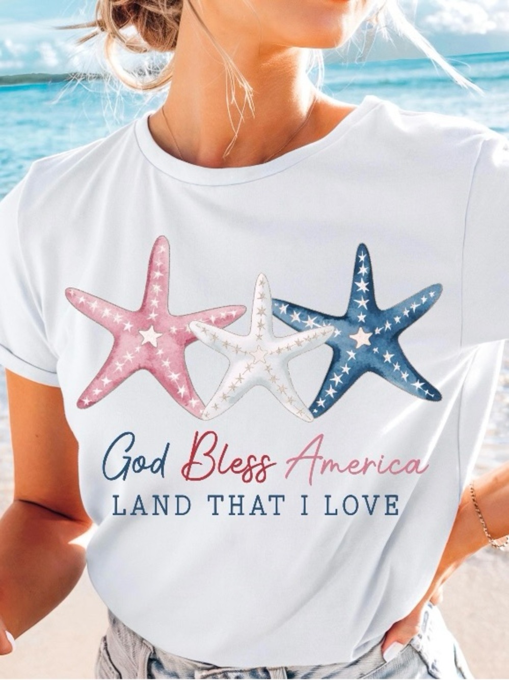 God Bless America Patriotic Starfish Graphic Custom Tee - Red White Blue
